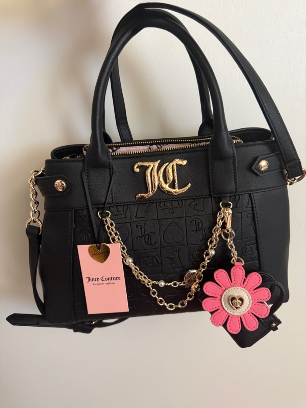 Juicy Couture Black Quilted Satchel with Pink Flower Charm & Gold Hardware